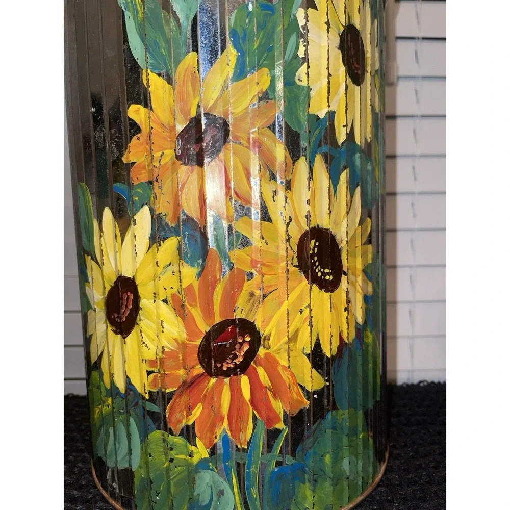 Vintage Hand Painted Tin/metal Trash Can Sunflowers Original Art